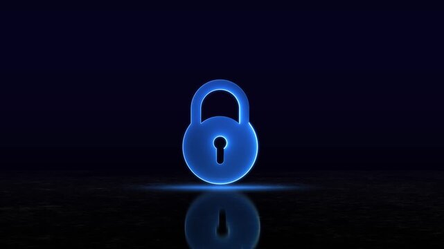 Neon glowing blue color security lock icon sign video motion animation encryption privacy protection on black background. Lock icon glowing animation.  4k motion protection encryption privacy
