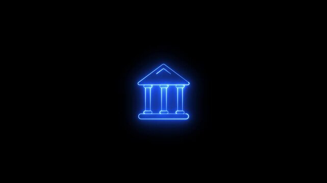 Neon glowing blue color bank building icon video animation on black background. Neon glowing bank building icon animation on black background Futuristic neon bank building home dollar icon.