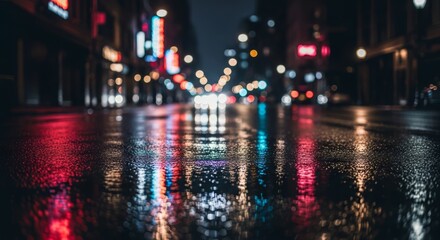 Obraz premium Nighttime City Street Reflection - Vibrant Lights on Wet Pavement.