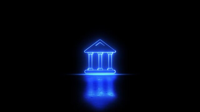 Neon glowing blue color bank building icon video animation on black background. Neon glowing bank building icon animation on black background Futuristic neon bank building home dollar icon.