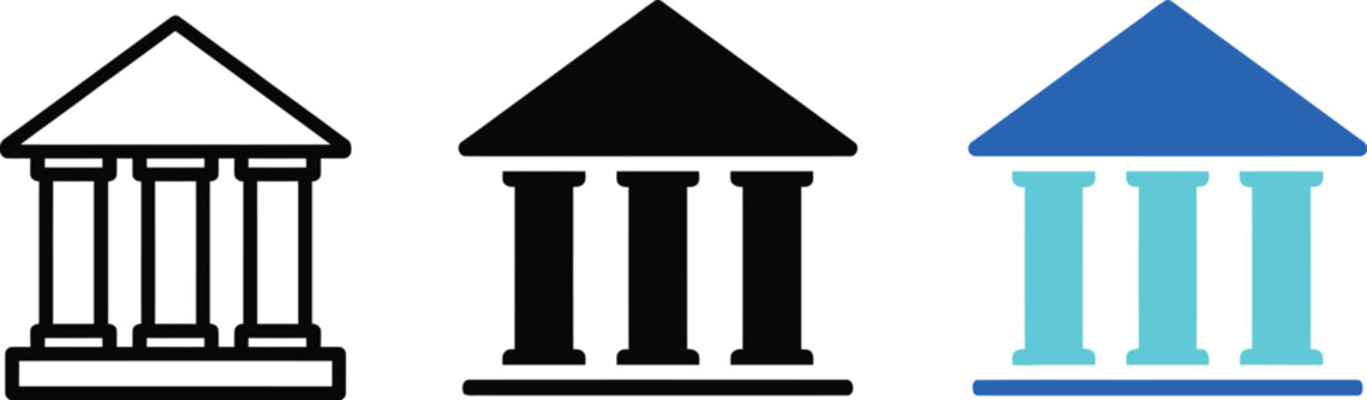 Three stylized illustrations of ancient greek or roman columns with triangular roofs