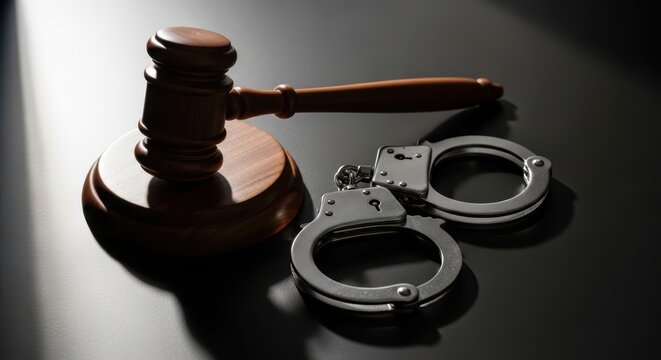 Lawyer Gavel And Metal Handcuffs On Dark Textured Surface With Dramatic Lighting And Shadows