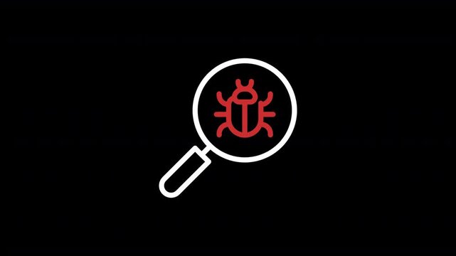 Minimal flat vector animation of magnifying glass scanning malware icon for cyber security threat detection. Clean modern design ideal for antivirus, hacking awareness, data protection and technology 