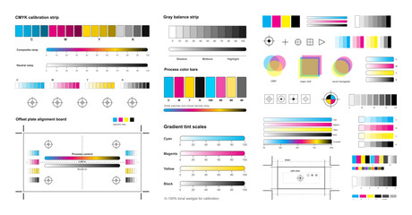 CMYK Print Calibration Chart with Color Bars and Registration Marks. Technical print calibration layout featuring CMYK strips, bars, gradients, registration targets. Vector offset printing, proofing © 24 std
