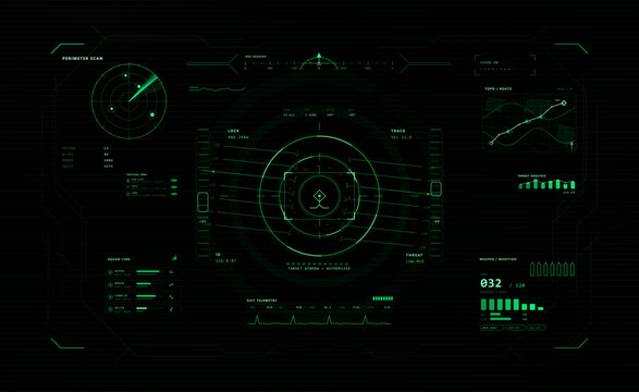 Sci-fi Head-Up Display with futuristic User Interface. Virtual reality HUD, VR, UI - view from the helmet of a pilot of a futuristic combat vehicle with HUD, UI, GUI. Military cockpit view. Vector