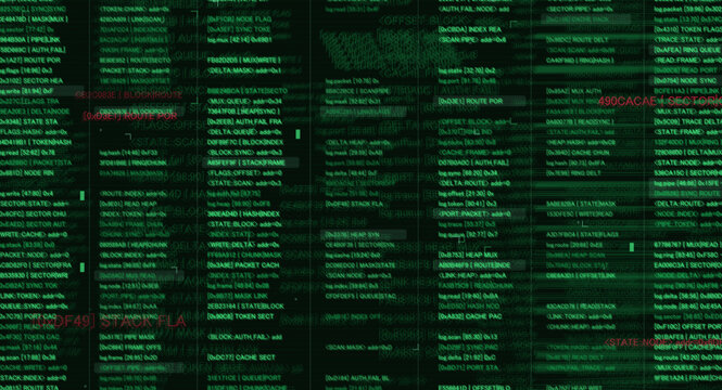 Futuristic Background with Programming Code. Futuristic green digital interface, Sci-fi HUD programming cybersecurity code background. Network layered terminal text. Vector hacking backdrop