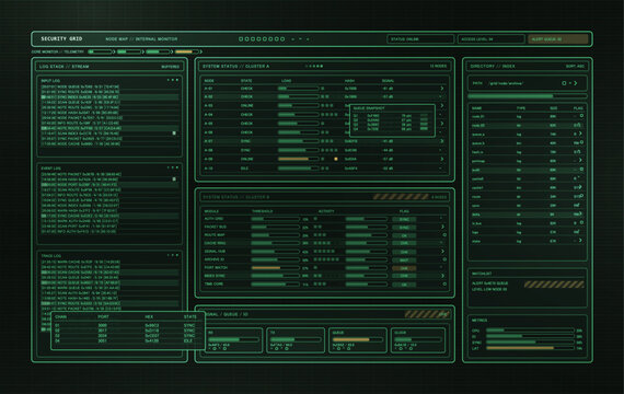 Futuristic Cybersecurity Dashboard with System Monitor HUD, UI. Green security interface, Military database with ui, showing logs, node status, telemetry, metrics, queues. Vector Sci-fi HUD dashboard