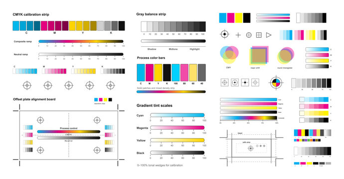 CMYK Print Calibration Chart with Color Bars and Registration Marks. Technical print calibration layout featuring CMYK strips, bars, gradients, registration targets. Vector offset printing, proofing