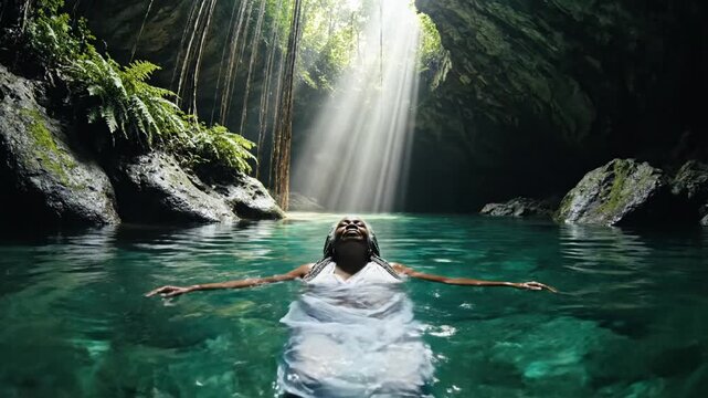 Woman swimming in a beautiful cenote with a ray of light shining through the cave opening.