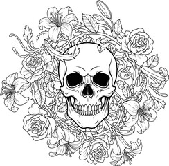 Fototapeta premium Floral Skull Arrangement Black and White Line ArtMemento Mori