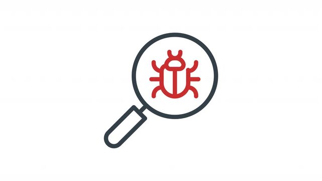 Minimal flat vector animation of magnifying glass scanning malware icon for cyber security threat detection. Clean modern design ideal for antivirus, hacking awareness, data protection and technology 