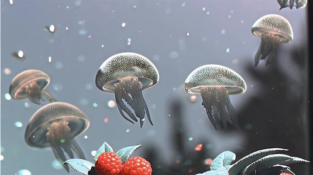 A surreal underwater scene with translucent creatures and vibrant red objects