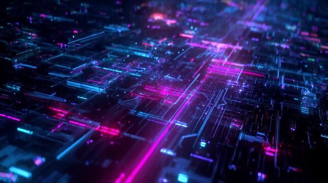 Futuristic digital city with rising neon blue and pink light pillars on a complex circuitry grid (AI Generated)