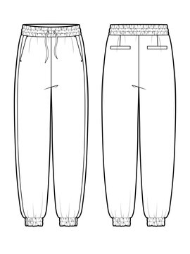 Women's wide fit jogger pants with elastic waistband and cuffs technical fashion flat sketch vector template illustration front and back view apparel CAD mock up

