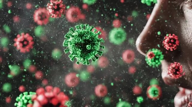 Close up of nose sneeze expelling viruses black background