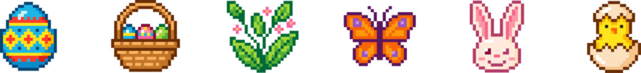 Obraz premium Set of colorful pixel art Easter and spring holiday icons vector