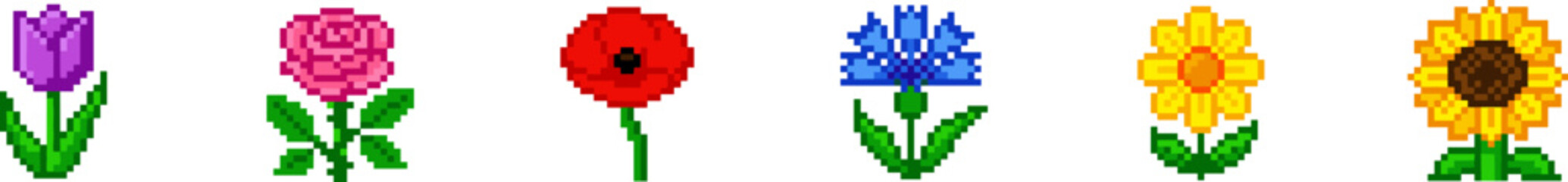 Fototapeta premium Collection of various colorful pixel art flower icons vector