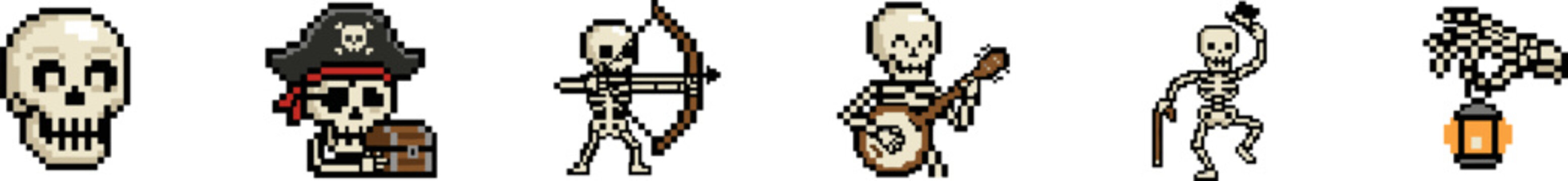 Collection of various pixel skeleton and skull character icons vector