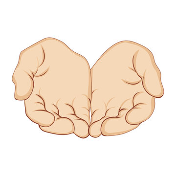 Illustration of two open cupped hands facing upward, symbolizing help, care, protection, donation, and receiving, isolated on a light background.