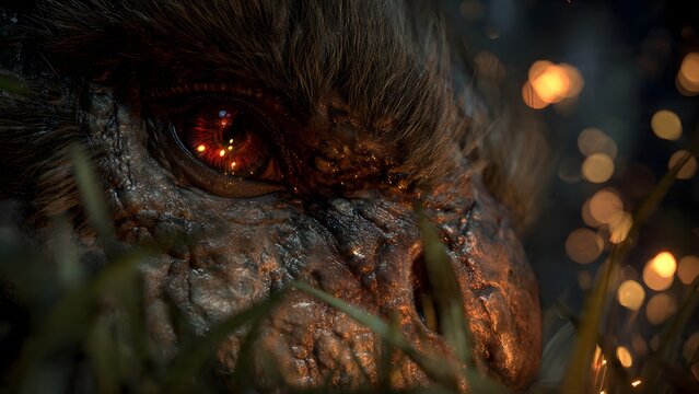 Close-up of a mythical creature's eye, glowing embers in a dark forest setting