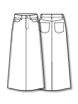 Women's long denim skirt with back slit technical fashion flat sketch vector template illustration front and back view apparel CAD mockup
