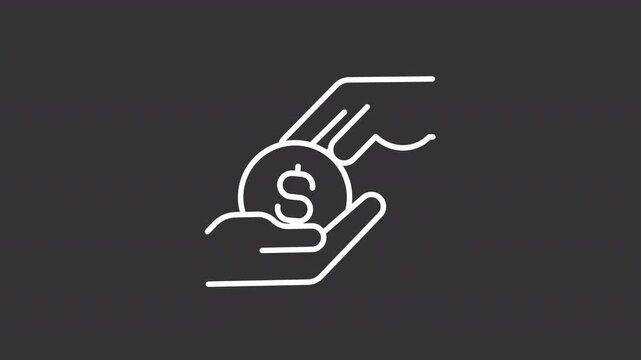 Animated cash payment white line icon. Hand giving coin animation. Financial aid providing. Money transaction. Poor supporting. Isolated element on dark background. Alpha transparent video