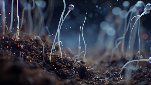 Futuristic micro agriculture with nano drones and glowing roots, visualizing sustainable farming, advanced technology, and nutrient flow in a cinematic macro environment.