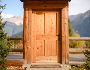 Fototapeta premium This rustic wooden door stands as a portal to majestic mountain vistas, symbolizing opportunity and escape. Perfect for travel, home design, and motivational concepts in high quality.