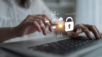 Digital cyber security lock system highlighting data security encryption, cyber password protection, fingerprint ID, cloud storage safety, and cyber security for online access Latch © InfiniteFlow