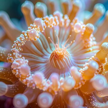 Close-up of a vibrant, colorful coral polyp in an underwater reef.