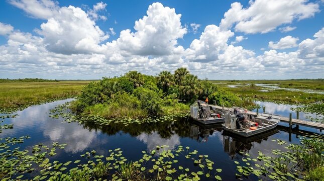 Serene wetland landscape with a wooden dock and lush greenery under a vibrant blue sky