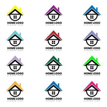 Home Logo Set: A colorful array of house logos with variations in roof colors, perfect for representing properties and real estate endeavors.