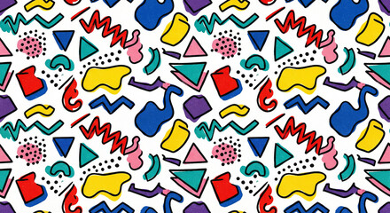 Naklejka premium Vibrant Memphis Style Pattern with Geometric Shapes and Colors
