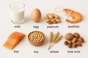 Cautionary food allergen chart, warning of allergy and intolerance risk. For good health, diet, and nutrition, know each common ingredient for food safety and identification