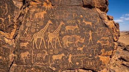Obraz premium Ancient petroglyphs on a rocky cliffside