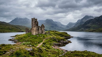 Naklejka premium Dunvegan castle ruins on a cloudy day