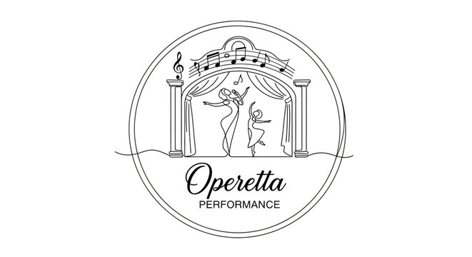Operetta Performance Logo: Dancing figures on stage with music notes