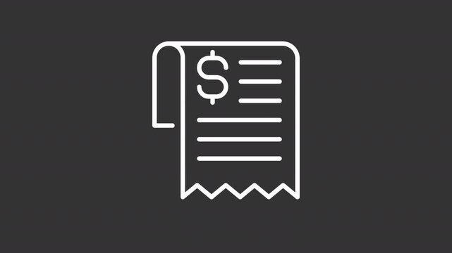 Animated bill white line icon. Payment invoice animation. Statement of money owed for goods and services. Financial documentation. Isolated element on dark background. Alpha transparent video