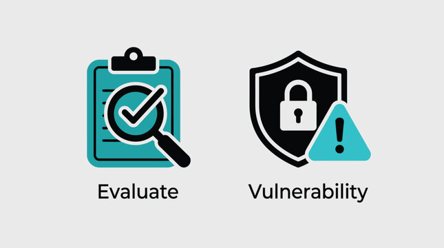 Vector graphic illustration of evaluate and vulnerability management concepts with checklist and shield icons