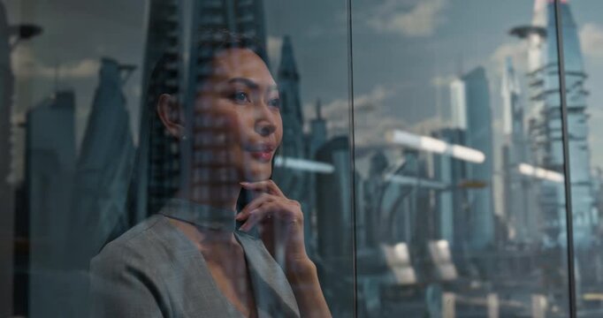 Asian Businesswoman Stands at a Home Window, Looking at a Utopian City of Skyscrapers and Flying Cars, Seeing Success in the Glass Reflection as Futuristic Infrastructure Rises Beyond Her View.