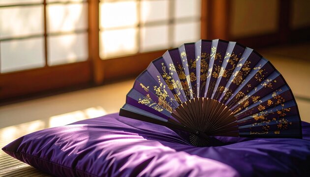 紫の絹の座布団の上に置かれた、金の装飾が施された半開きの紫色の扇子