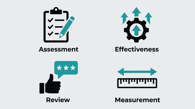 Vector graphic illustration of assessment and measurement icons for business and education use