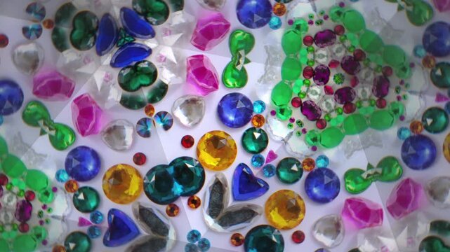 Colorful kaleidoscope crystal pattern shiny gems blue, pink, yellow and green rotating mosaic looping abstract background