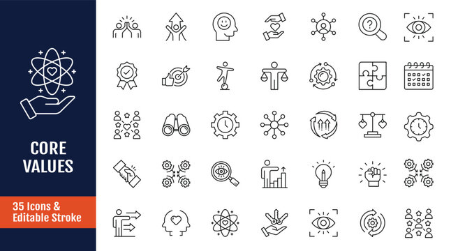 Core Values icon set. Outline icon with Editable stroke. Vector illustration