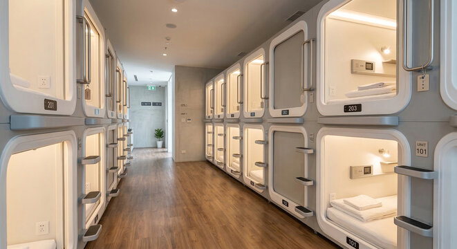 Modern capsule hotel interior with sleeping pods