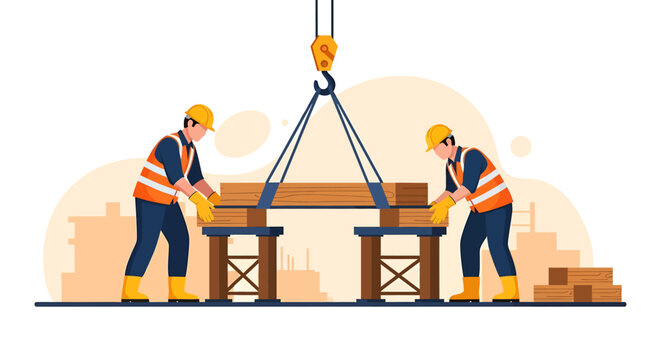 Construction workers lifting heavy wooden beams with a crane.