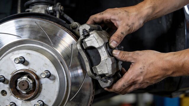 Mechanic replacing brake pads on car disc brake system, automotive repair and maintenance concept, vehicle safety and service in professional garage environment
