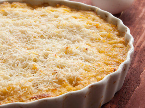 Homemade Shepherd's Pie crispy mashed potato and minced meat, covered with parmesan cheese.