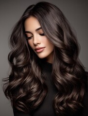 Naklejka premium Elegant Woman with Shiny Wavy Hair Beauty Portrait