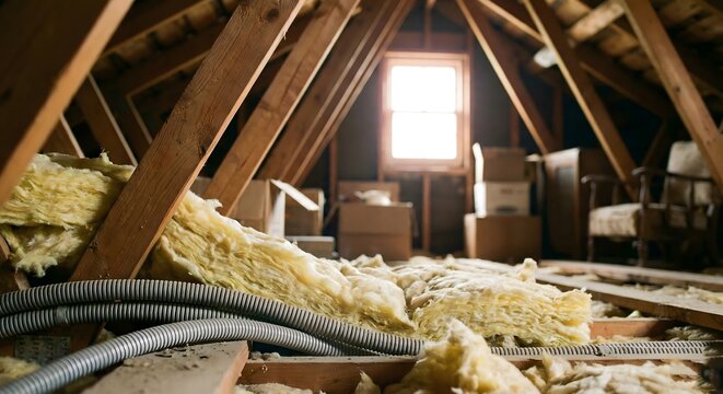 Bright professional construction of a modern residential attic crawl space featuring wooden roof trusses, yellow fiberglass insulation, and grey electrical conduits during a home renovation project.